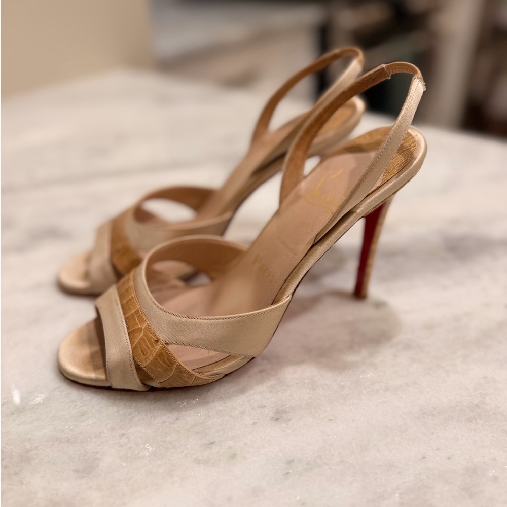 Christian Louboutin Ostrich and Satin Slingback Heels (Size 37)